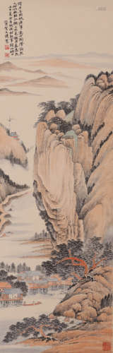 A Chinese Landscape Painting Paper Scroll, He Tian