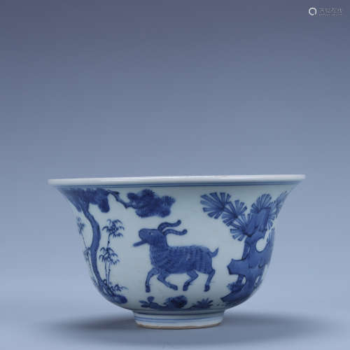 A Blue and White Three Rams Cup