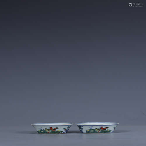 A Pair of Doucai Glaze Rooster Saucers