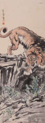 A Chinese Tiger Painting Paper Scroll, Xu Beihong 