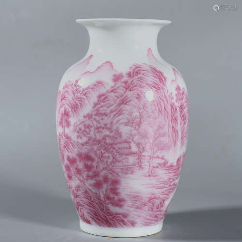 A Pink Glaze Landscape Lantern-Form Vase