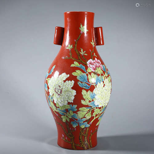 A Coral-Red Ground Floral Double-Eared Vase