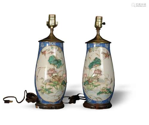 Pair of Chinese Famille Rose Lamps, Early 20th Century