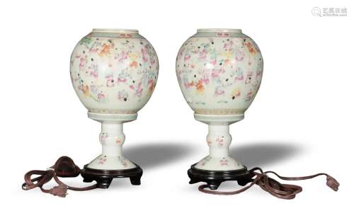 Pair of Chinese Famille Rose Lamps, Republic