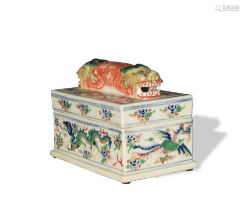 Chinese Blue and White Wucai Lidded Box, Late 19th