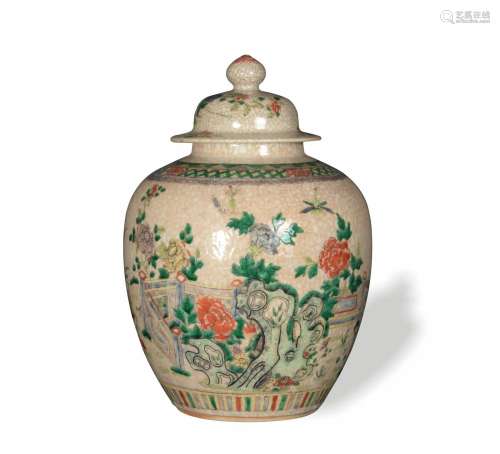 Chinese Ge Ground Wucai Lidded Jar, Late 19th Century