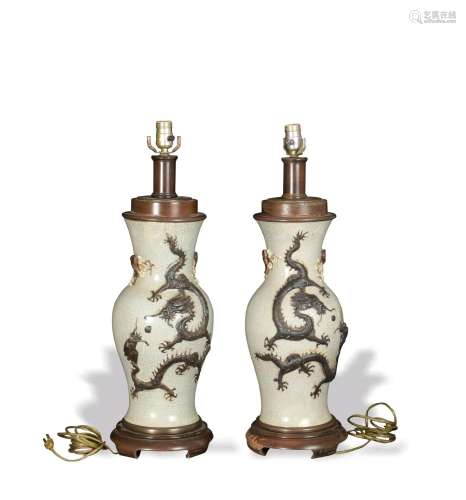 Pair of Chinese Ge Glazed Vase Lamps, 19th Century
