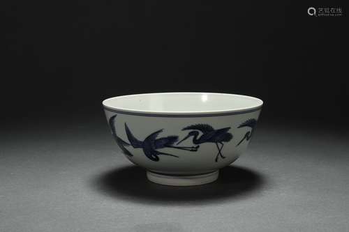 Blue-and-white Bowl with Crane Pattern, Ming Dynasty