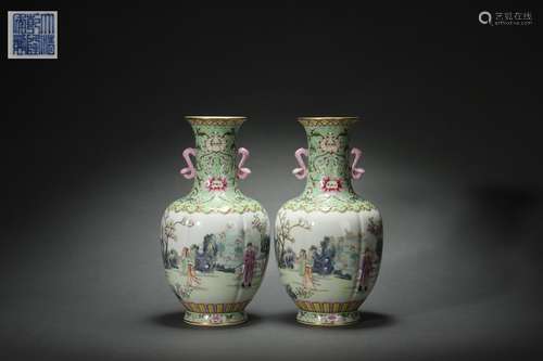 Pair Famille Rose Vases with Ruyi-shaped Ears and Figure Pat...