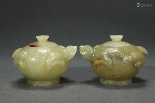 Pair Jade Covered Jars