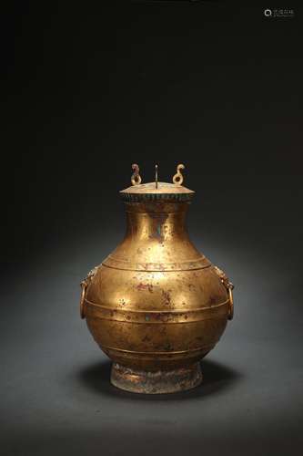 Gilt Copper Jar Inlaid Turquoise with Animal-shaped Ears