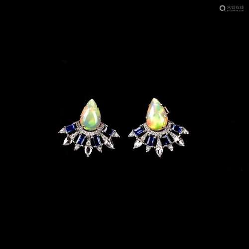 Opal, Sapphire, Diamond and 18K Earrings.