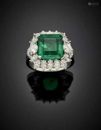 Octagonal ct. 5.05 emerald white gold ring with round and na...