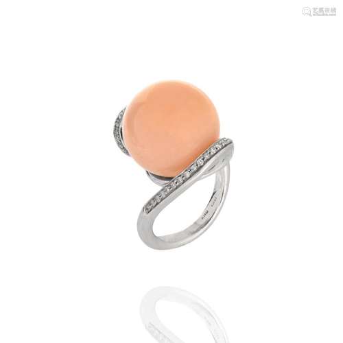 Coral, Diamond and 18K Ring