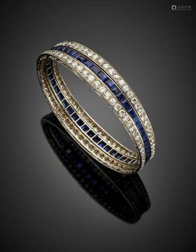 Platinum round diamond and carrÃ© sapphire bangle bracelet, ...