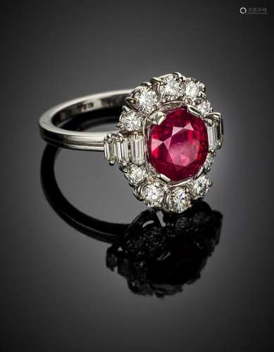 Oval ct. 3.66 circa ruby and diamond white gold cluster ring...