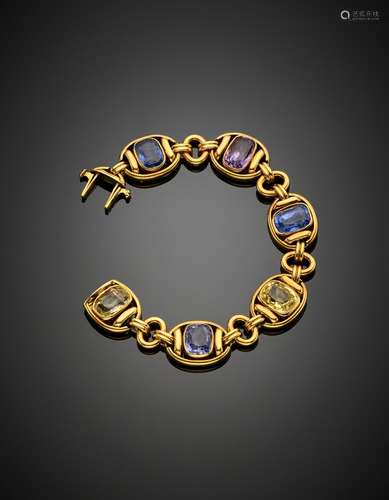 GUBELIN Yellow gold cushion cut coloured sapphire bracelet, ...