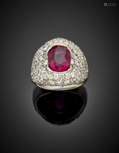 Oval ct. 3.997 ruby and diamond pavÃ© white gold ring, diamo...