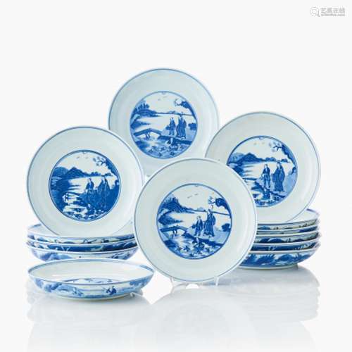 A Set of Thirteen Chinese Blue and White Dishes