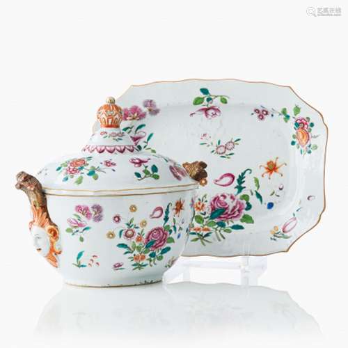 A Chinese Famille Rose ‘Mask Handle’ Tureen, Cover and A Sta...