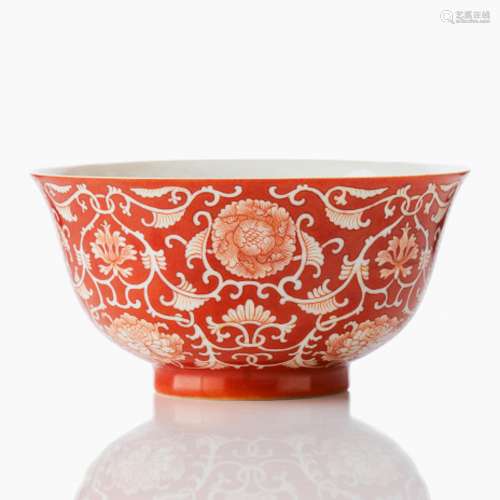 A Coral-Red Reserve Decorated ‘Floral’ Bowl