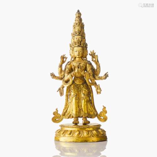 A Tibeto-Chinese Gilt Bronze Figure of Avalokiteshvara