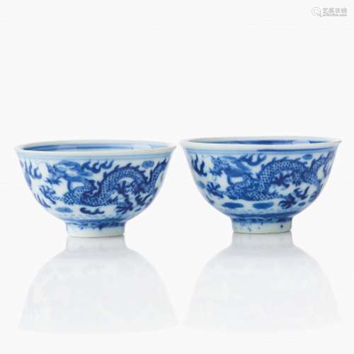 A Pair of Chinese Blue and White Dragon Bowls