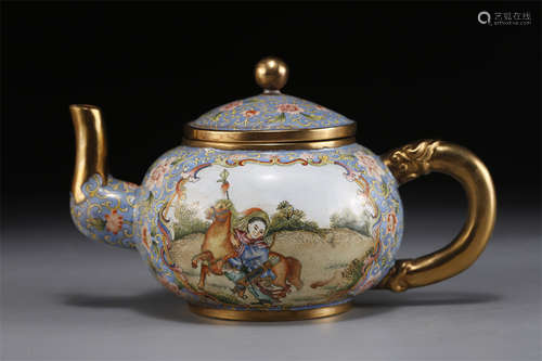 An Enameled Copper Pot with Figure Motif.