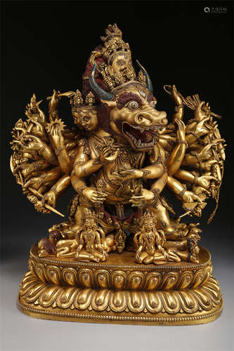 A Gilt Copper Yamantaka Buddha Statue.