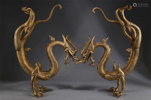A Set of Gilt Copper Dragon Sculptures.