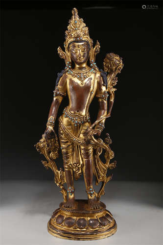 A Gilt Copper Holding-Lotus Buddha Statue.