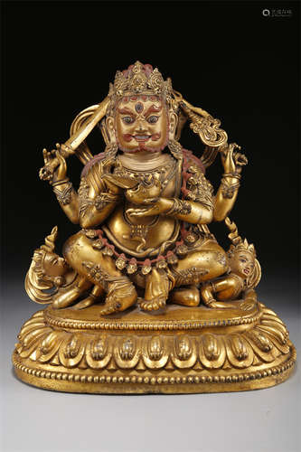 A Gilt Copper Mahakala Buddha Statue.