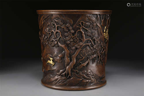 A Copper Brush Pot with Hunting Motif.