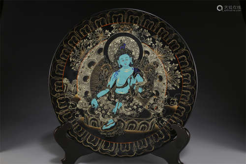 A Black Lacquer Green Tara Buddha Plate.
