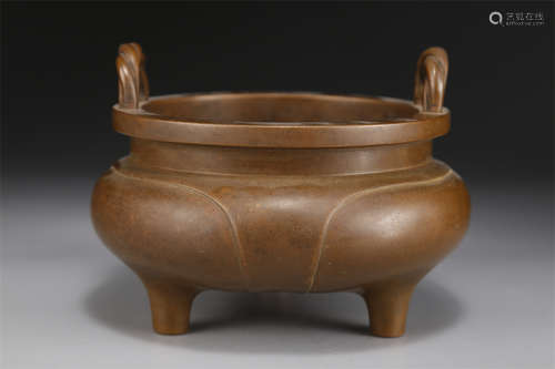 A Tripod Copper Censer with Rope Shaped Ears.