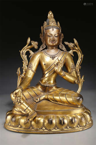 A Gilt Copper Green Tara Buddha Statue.