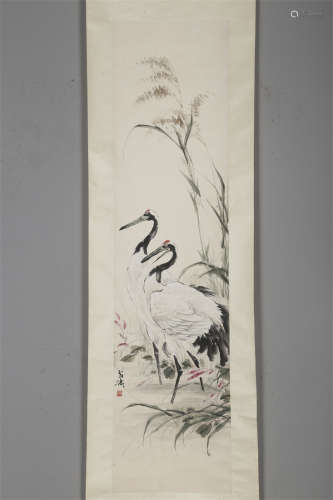 A Cranes Painting on Paper by Wang Xuetao.