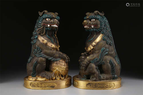 A Set of Copper Lion Sculptures, Partly Gilt.