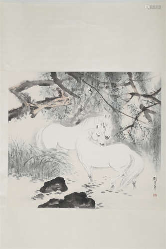 A Steeds Painting on Paper by Liu Danjun.