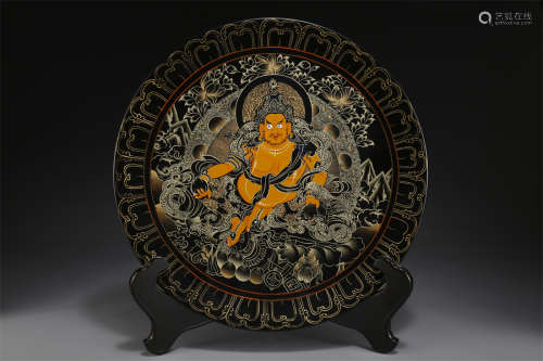 A Black Lacquer Yellow Wealthy Buddha Plate.