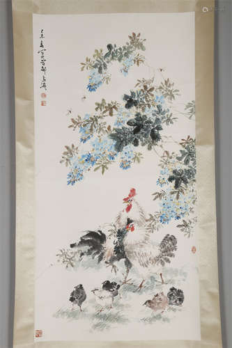 A Roosters Painting on Paper by Wang Xuetao.