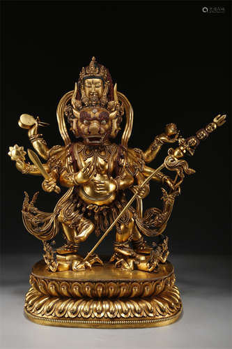 A Gilt Copper Yamantaka Buddha Statue.