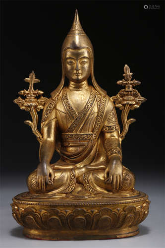 A Gilt Copper Tsongkhapa Buddha Statue.