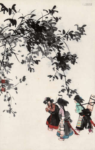 黄 胄（1925~1997） 1961年 背水姑娘 立轴 设色纸本