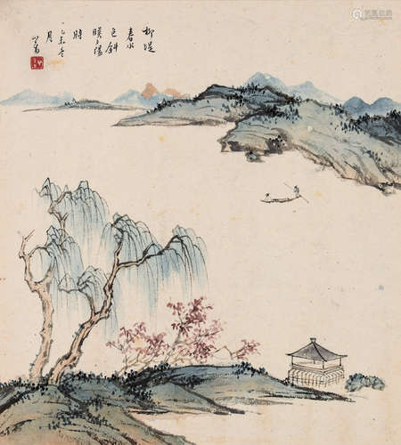 溥 儒（1896~1963） 柳堤夕阳 镜框 设色纸本