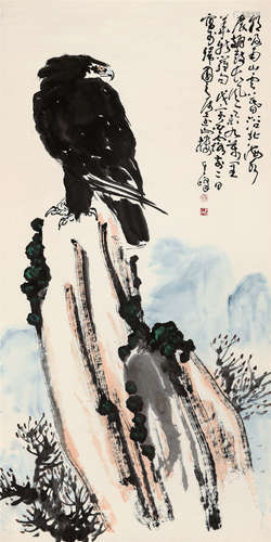 孙其峰（b.1920) 戊寅（1998年）作 鹰石图 立轴 设色纸本