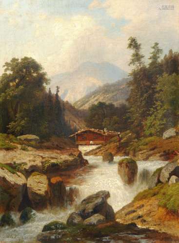 Heinrich Eduard Heyn, Alpenbach mit Hütte. Wohl 1888.