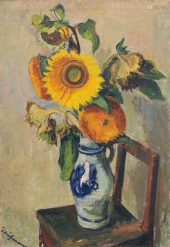 Alfred Teichmann "Sonnenblumen in grauer Vase". Um...
