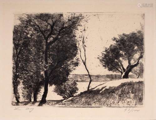 Lesser Ury "Baumbestandenes Ufer am märkischen See"...