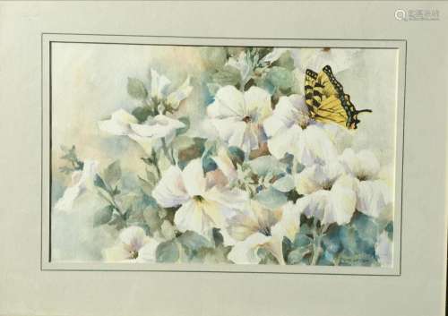 WATERCOLOR OF BUTTERFLY AND FLOWER SIGNED BY BARB LEYBA